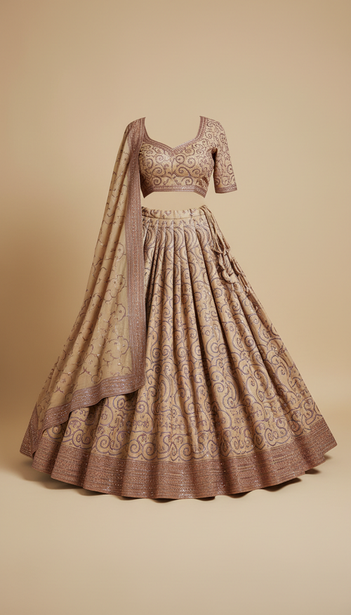 Embroidered Lehenga Set in Camel Beige and Peruvian Copper