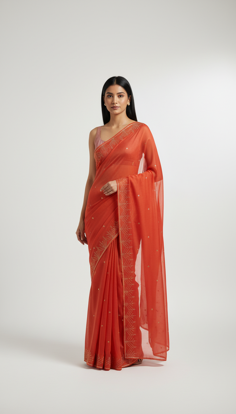 Saffron Red Chiffon Saree with Minimalist Gold Accents