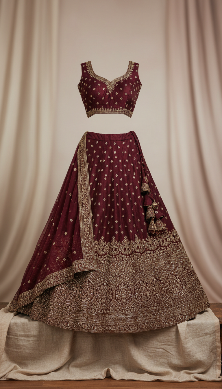 Deep maroon zardozi lehenga