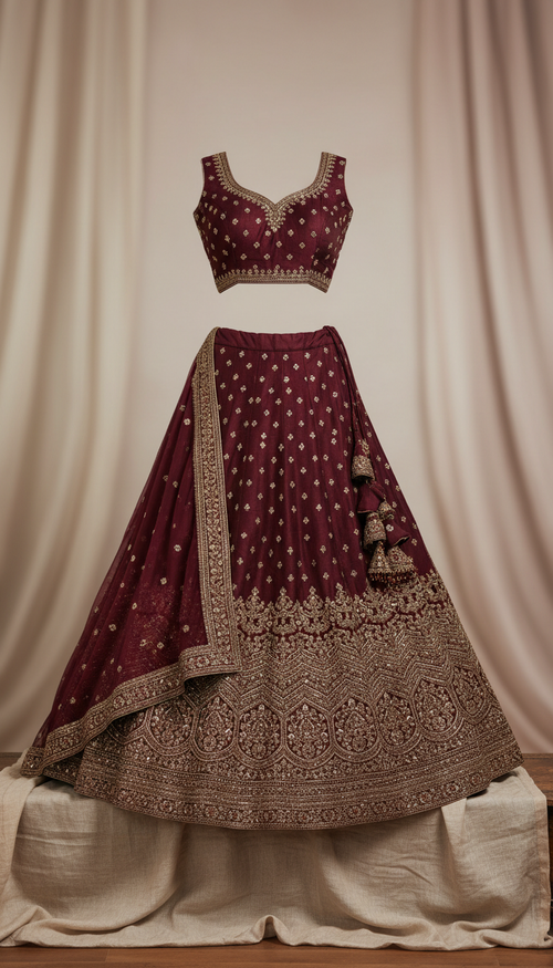 Deep maroon zardozi lehenga