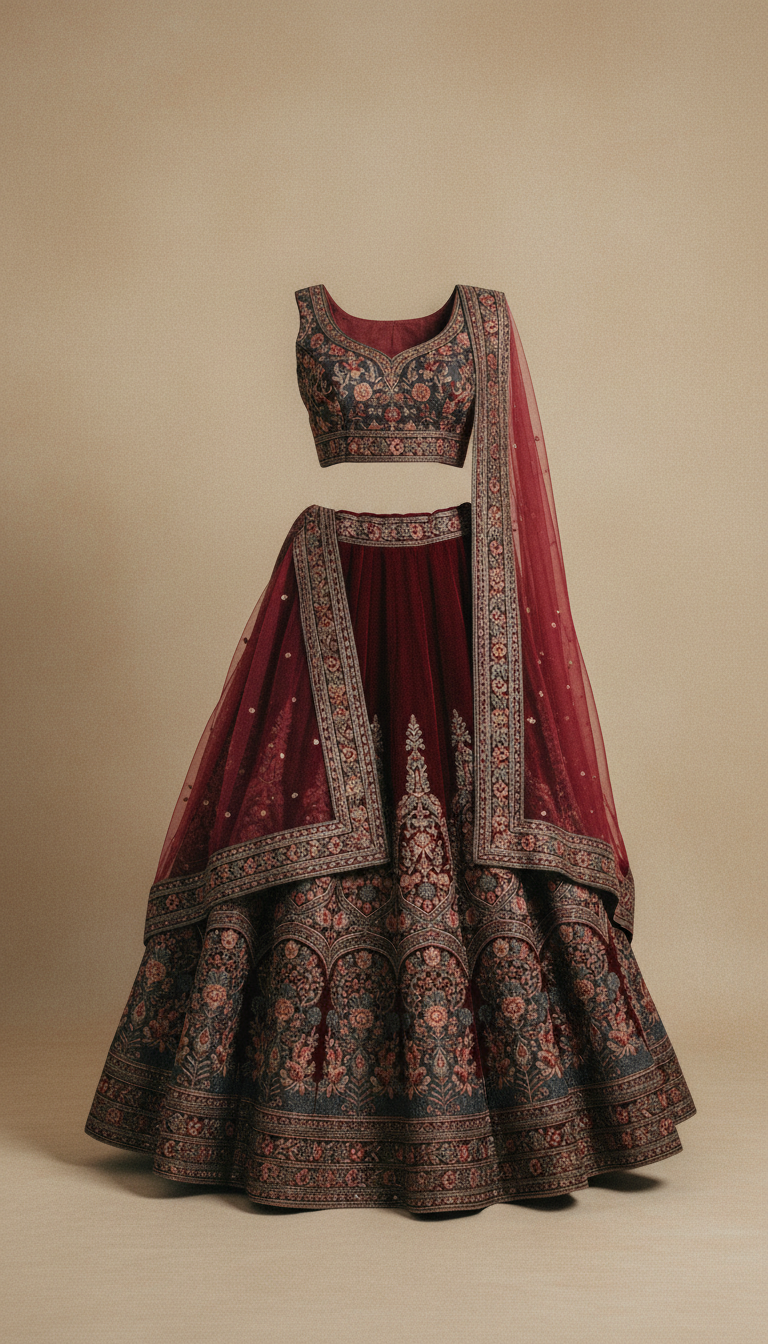 Maroon and Slate Gray Lehenga