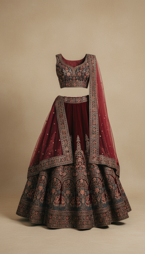 Maroon and Slate Gray Lehenga